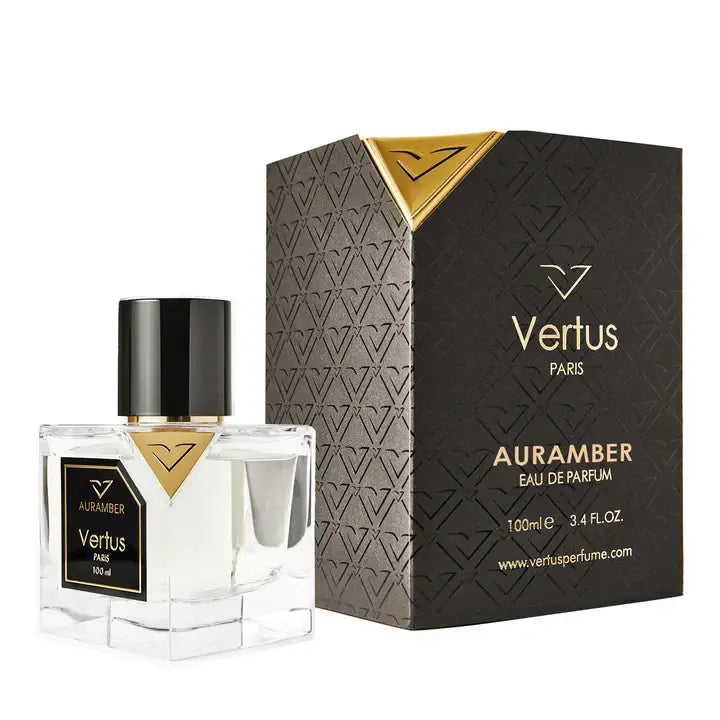 Vertus Auramber extrait de parfum amber perfume bottle side angle on white background