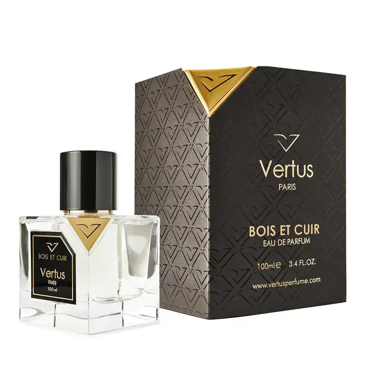 Vertus Bois Et Cuir extrait de parfum leather perfume bottle side angle on white background