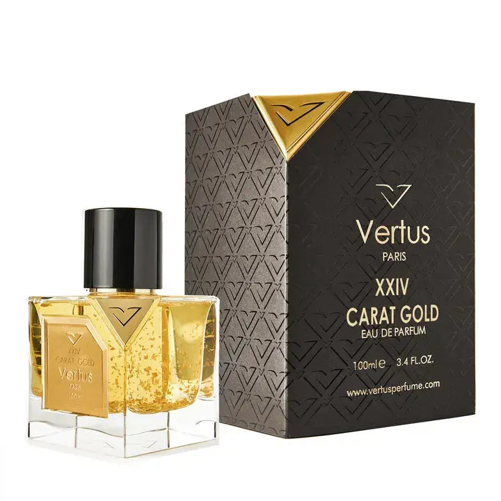 Vertus XXIV Carat Gold extrait de parfum luxury bottle side angle on white background