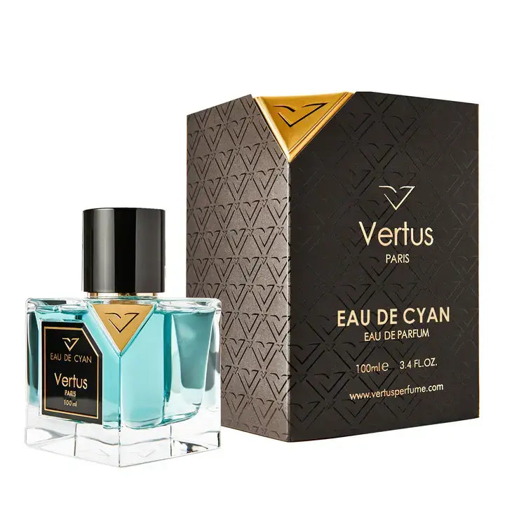 Vertus Eau De Cyan extrait de parfum aquatic bottle side angle on white background
