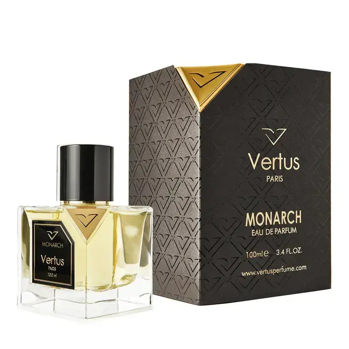 Vertus Monarch extrait de parfum royal luxury bottle side angle on white background