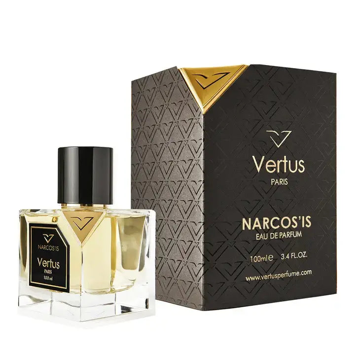 Vertus Narcos’is extrait de parfum intense perfume bottle side angle on white background