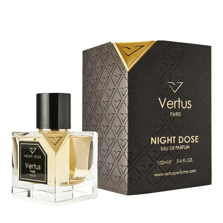 Vertus Night Dose extrait de parfum dark oriental bottle side angle on white background