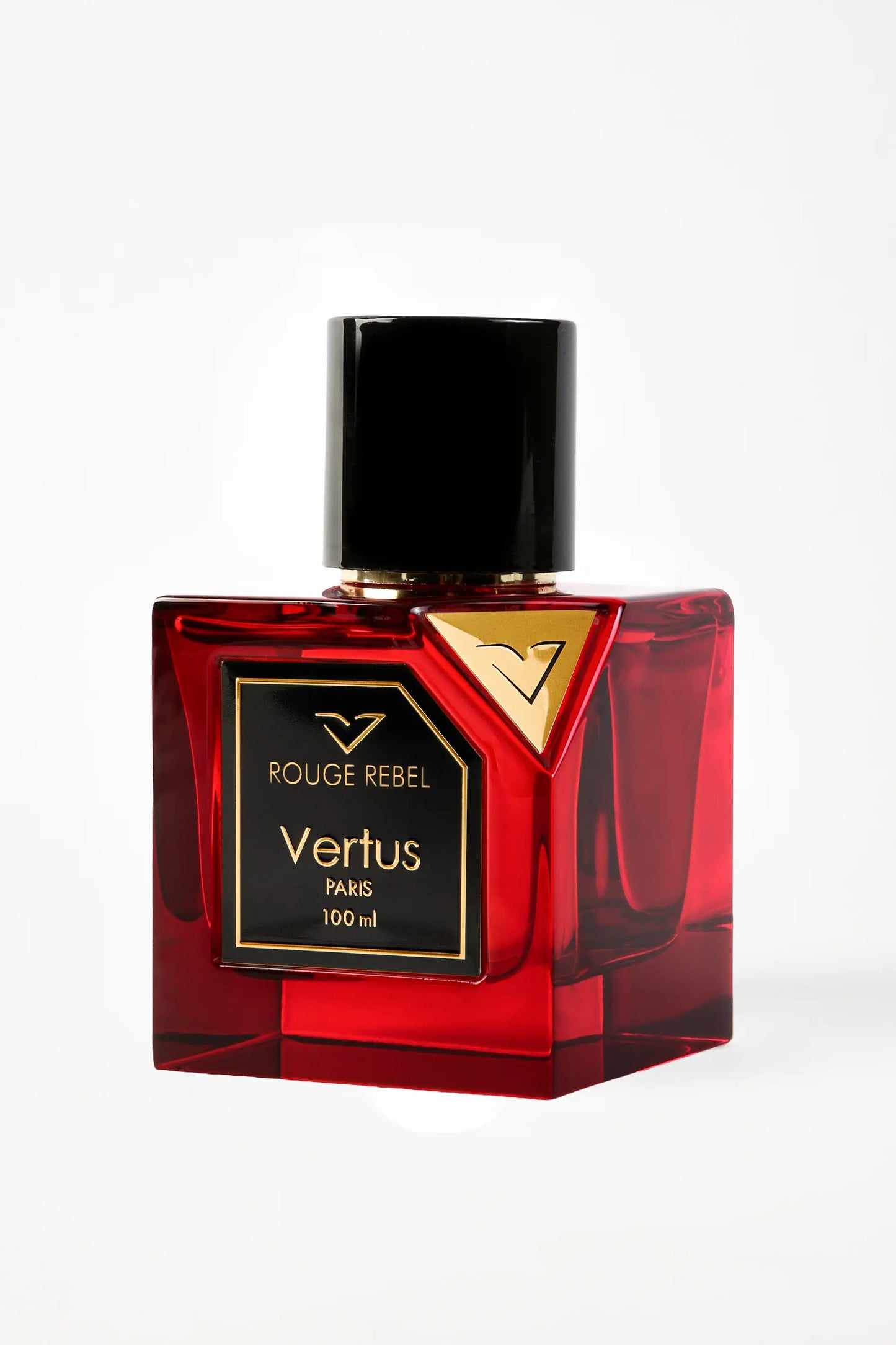 Vertus Rouge Rebel extrait de parfum red glass bottle side angle on white background
