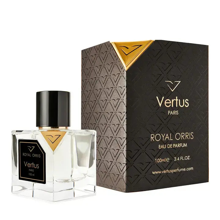 Vertus Royal Orris extrait de parfum iris perfume bottle side angle on white background