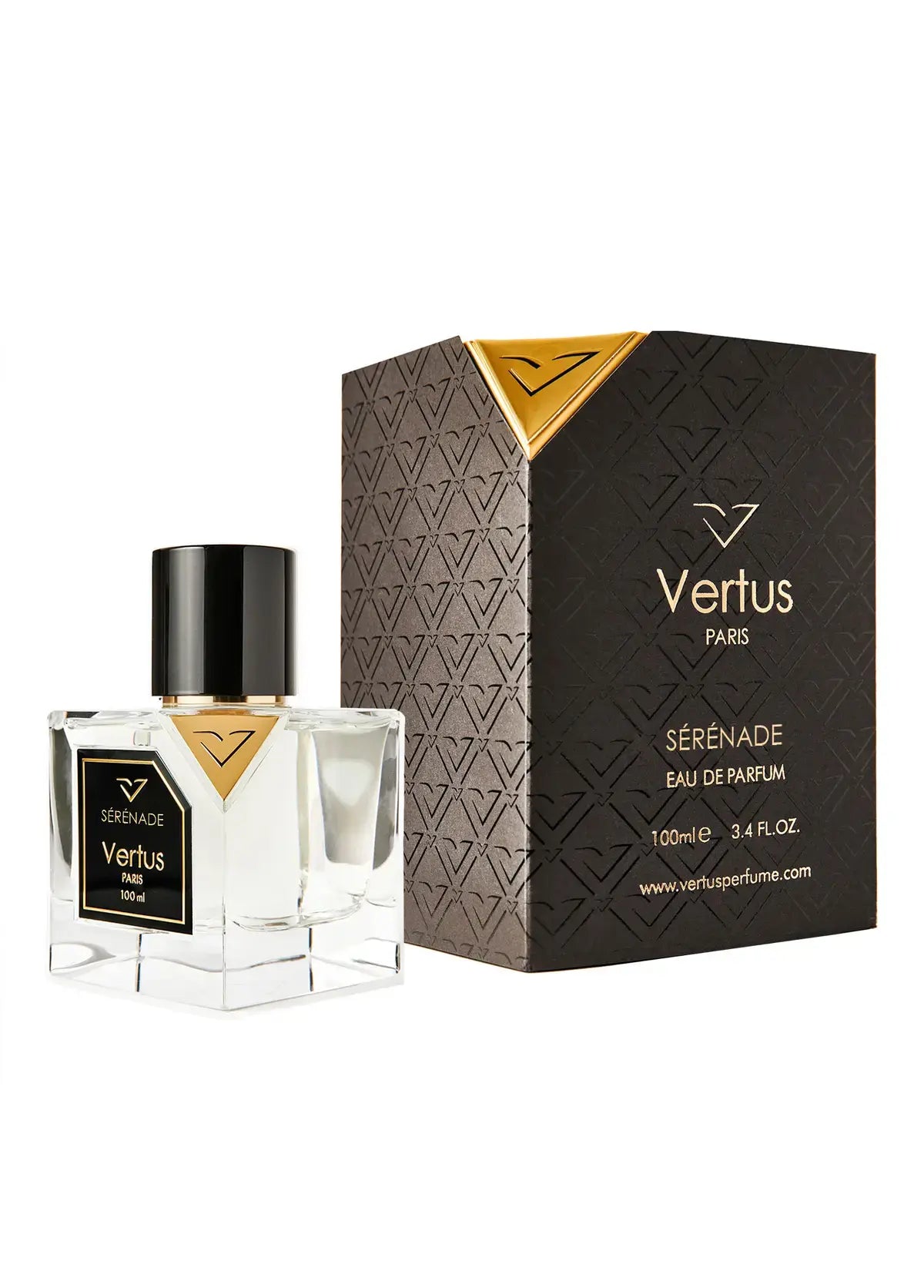 Vertus Serenade extrait de parfum elegant glass bottle side angle on white background