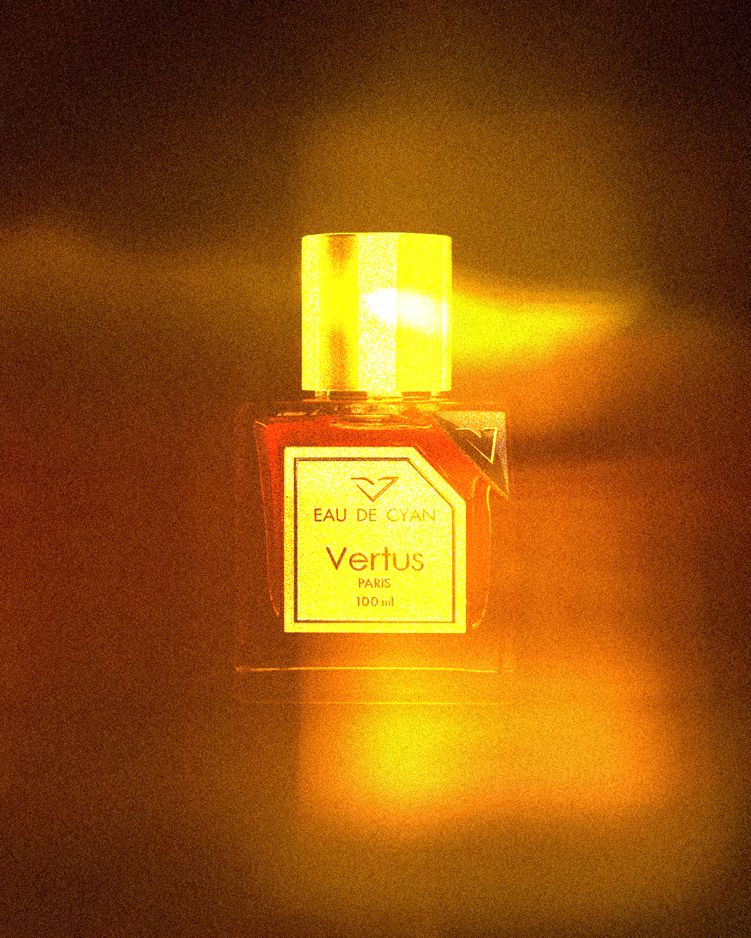 Vertus Eau De Cyan Eau De Parfum bottle illuminated with warm golden light in an artistic luxury fragrance composition
