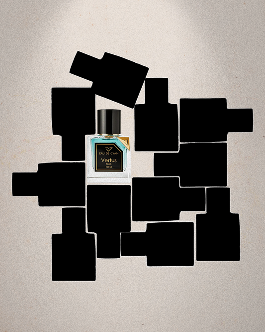 uxury niche perfume Eau De Parfum bottles styled in artistic editorial setting