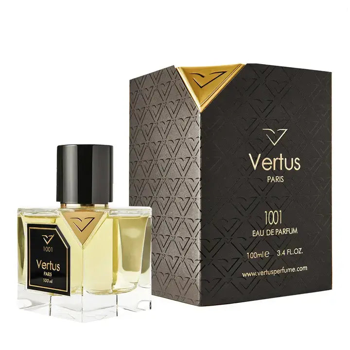 Vertus 1001 extrait de parfum luxury oriental bottle side angle on white background