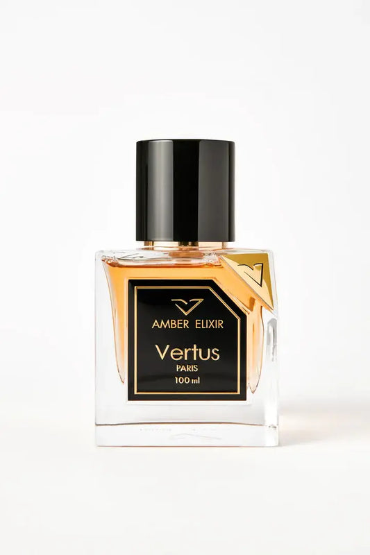 Vertus Amber Elixir extrait de parfum amber perfume bottle front view on white background