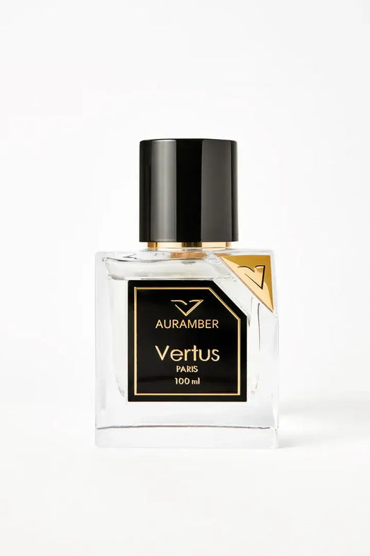 Vertus Auramber extrait de parfum amber perfume bottle front view on white background