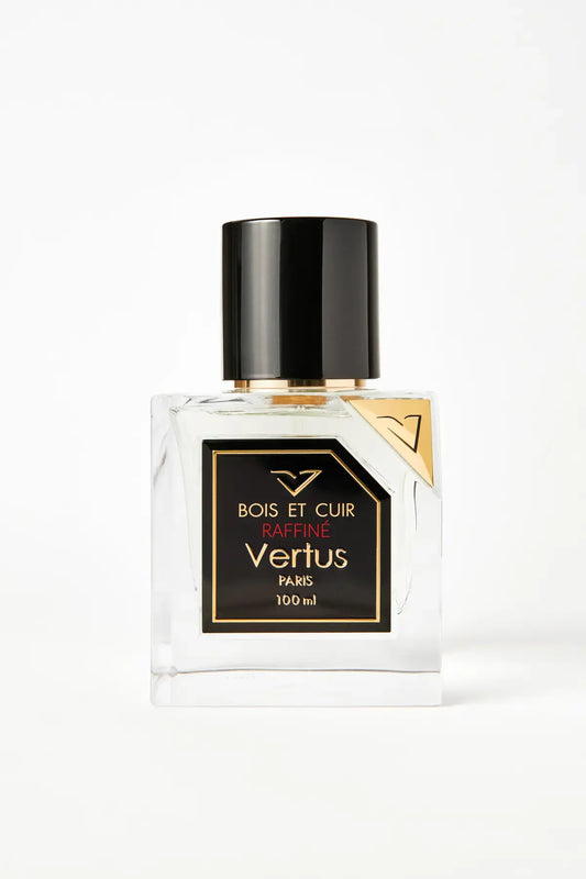 Vertus Bois Et Cuir Raffiné extrait de parfum luxury bottle front view on white background