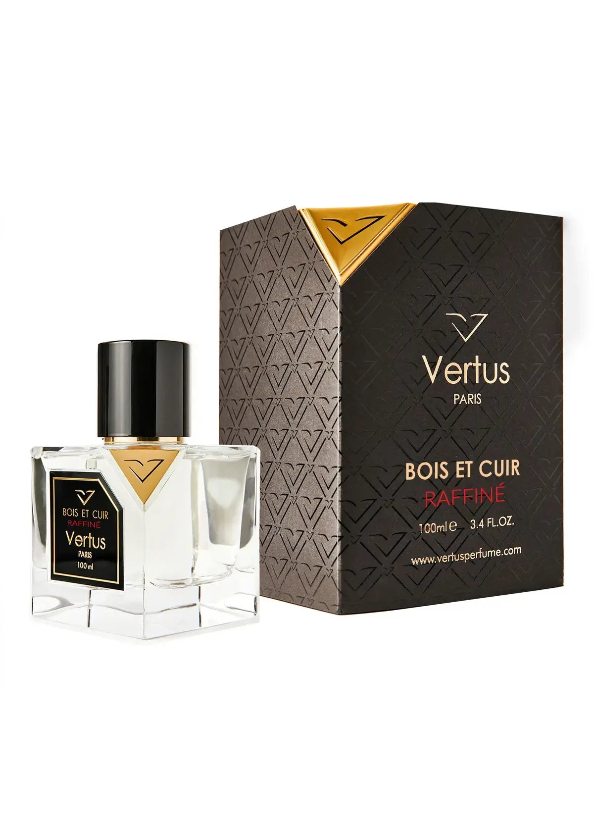 Vertus Bois Et Cuir Raffiné extrait de parfum luxury bottle side angle on white background