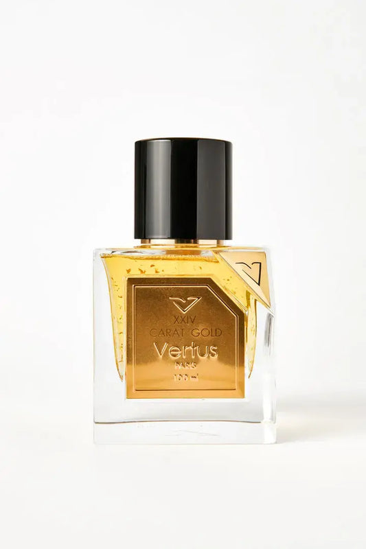 Vertus XXIV Carat Gold extrait de parfum luxury bottle front view on white background