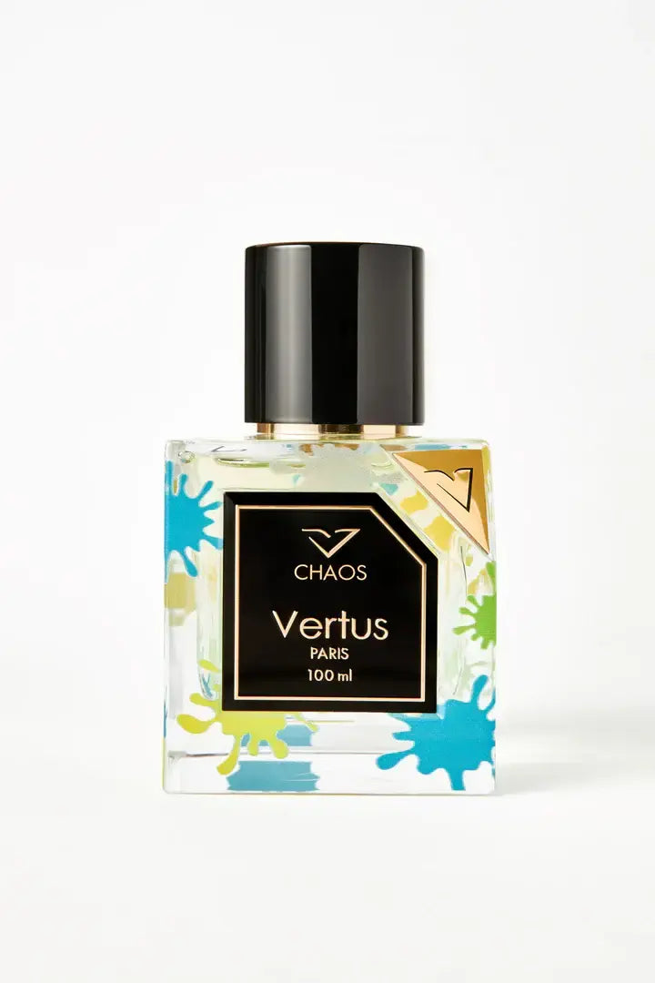 Vertus Chaos extrait de parfum dark luxury bottle front view on white background