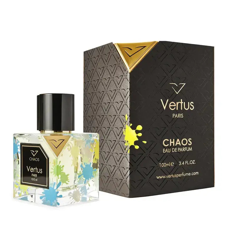 Vertus Chaos extrait de parfum dark luxury bottle side angle on white background
