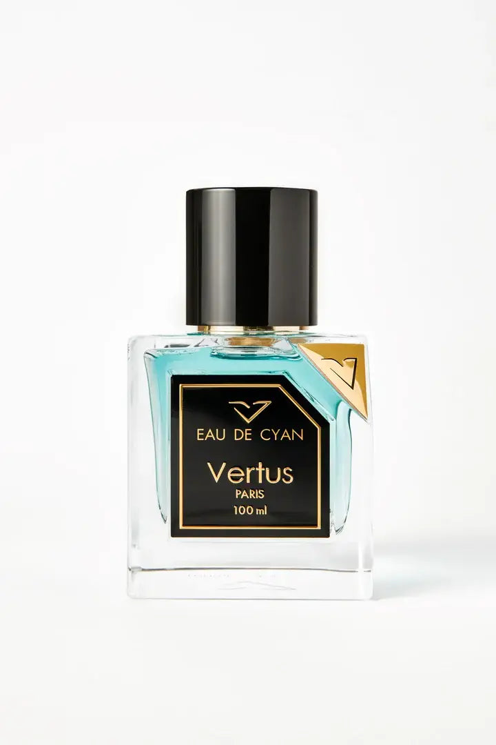 Vertus Eau De Cyan extrait de parfum aquatic bottle front view on white background