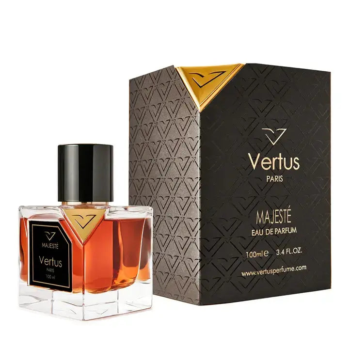 Vertus Majeste extrait de parfum luxury perfume bottle side angle on white background