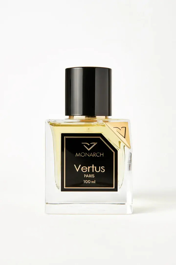 Vertus Monarch extrait de parfum royal luxury bottle front view on white background
