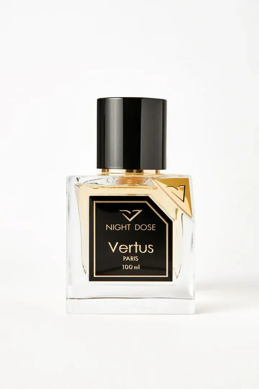 Vertus Night Dose extrait de parfum dark oriental bottle front view on white background