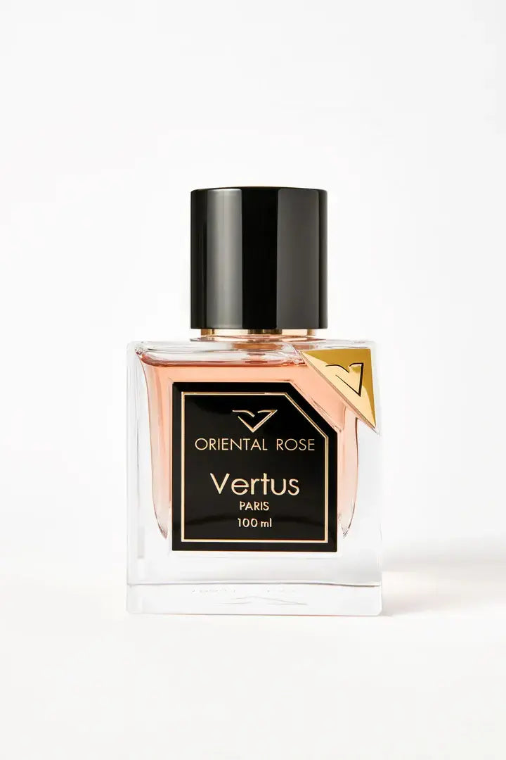 Vertus Oriental Rose extrait de parfum rose bottle front view on white background