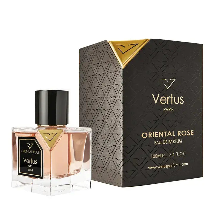 Vertus Oriental Rose extrait de parfum rose bottle front view on white background