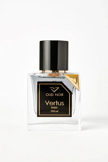 Vertus Oud Noir extrait de parfum oud perfume bottle front view on white background