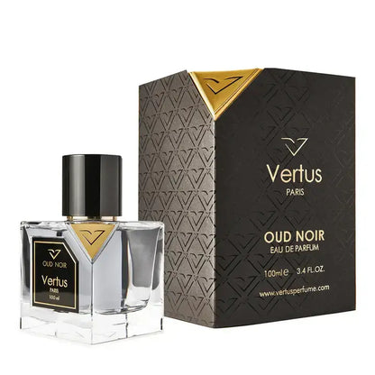 Vertus Oud Noir extrait de parfum oud perfume bottle side angle on white background