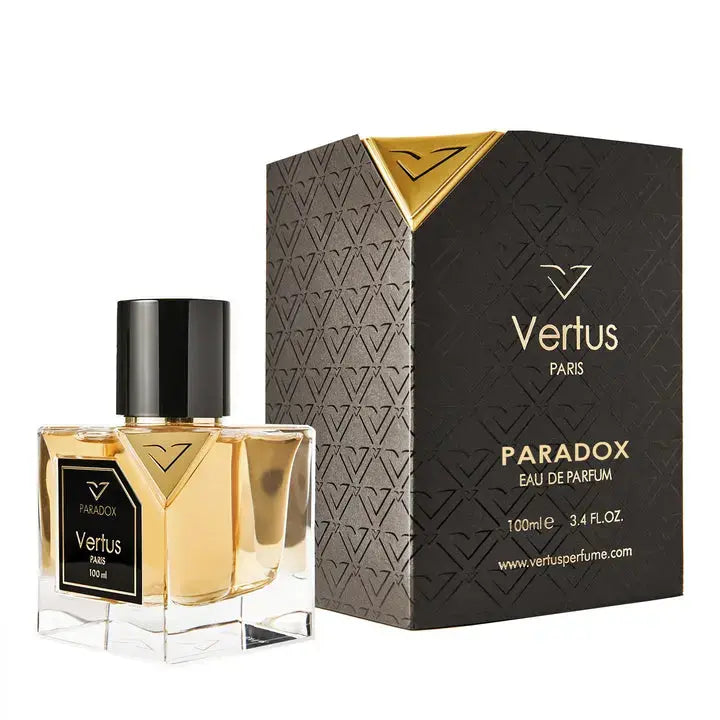 Vertus Paradox extrait de parfum modern luxury bottle side angle on white background