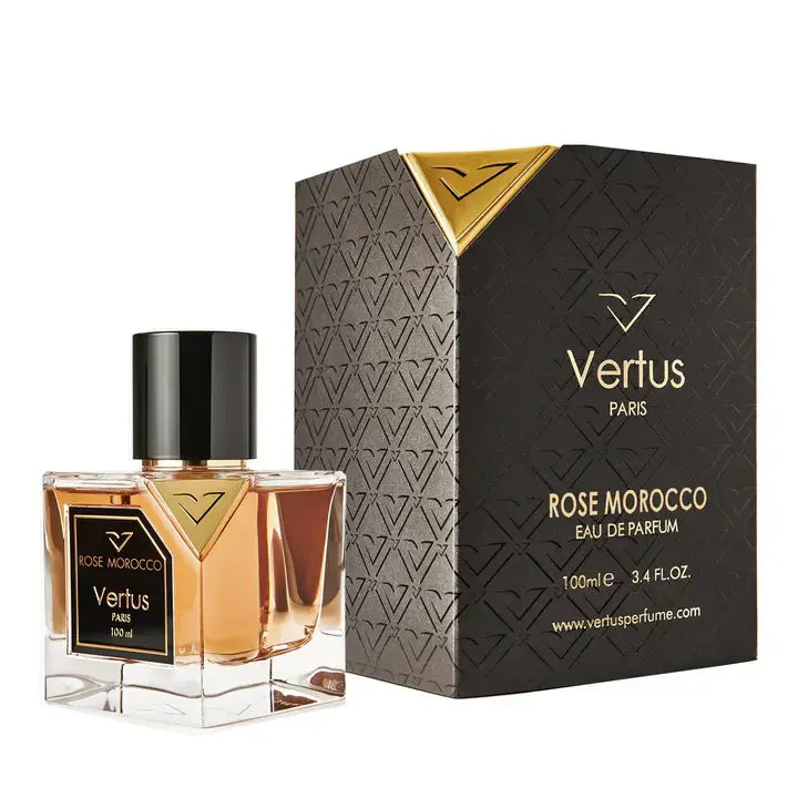 Vertus Rose Morocco extrait de parfum luxury rose bottle side angle on white background