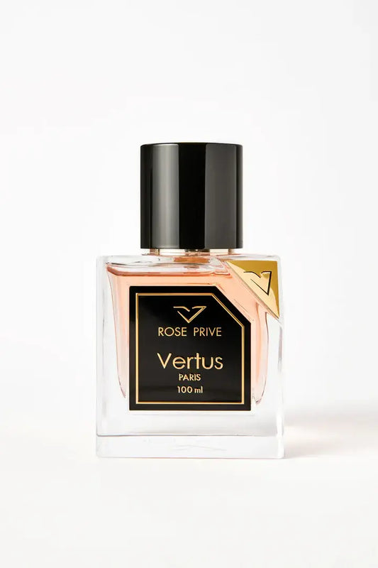 Vertus Rose Prive extrait de parfum rose perfume bottle front view on white background