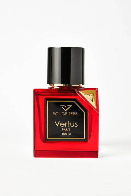Vertus Rouge Rebel extrait de parfum red glass bottle front view on white background