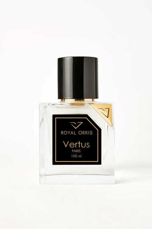 Vertus Royal Orris extrait de parfum iris perfume bottle front view on white backgroundVertus Royal Orris extrait de parfum iris perfume bottle front view on white background