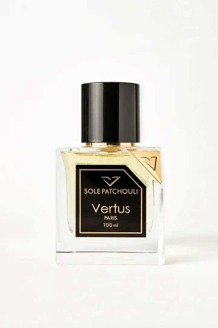 Vertus Sole Patchouli extrait de parfum patchouli perfume bottle front view on white background