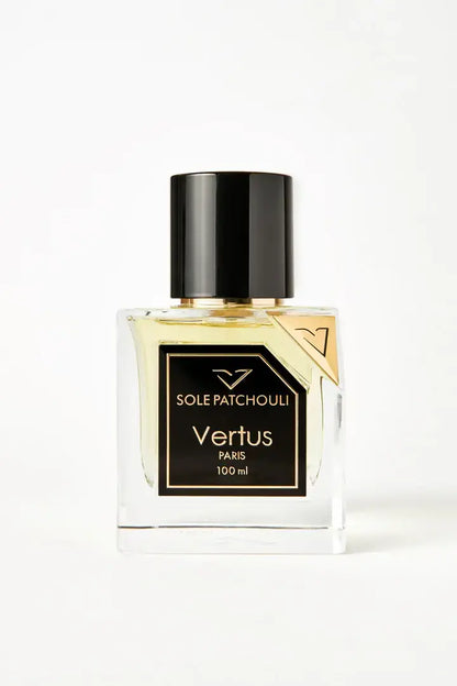 Vertus Sole Patchouli extrait de parfum patchouli perfume bottle front view on white background