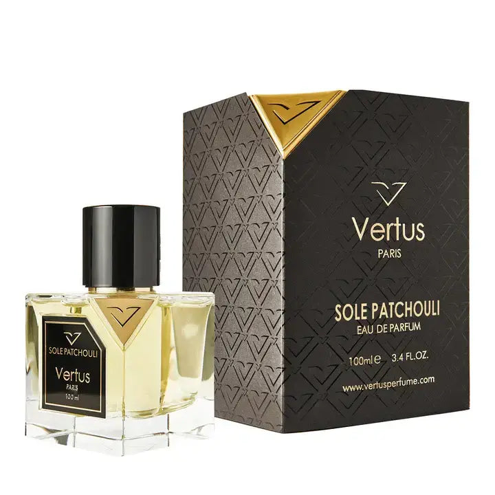 Vertus Sole Patchouli extrait de parfum patchouli perfume bottle side angle on white background