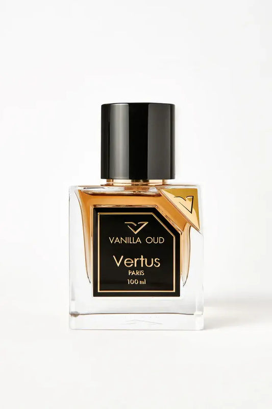 Vertus Vanilla Oud extrait de parfum vanilla oud bottle front view on white background