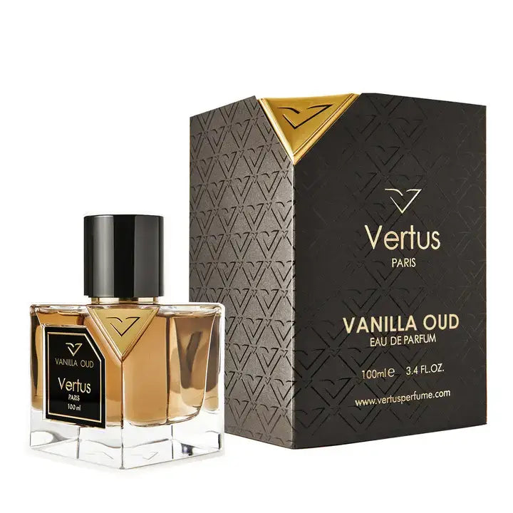Vertus Vanilla Oud extrait de parfum vanilla oud bottle side angle on white background